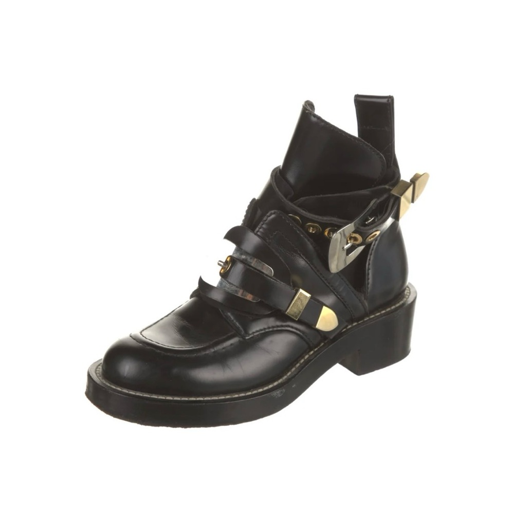 Black Leather Ankle Boots with Gold Accents